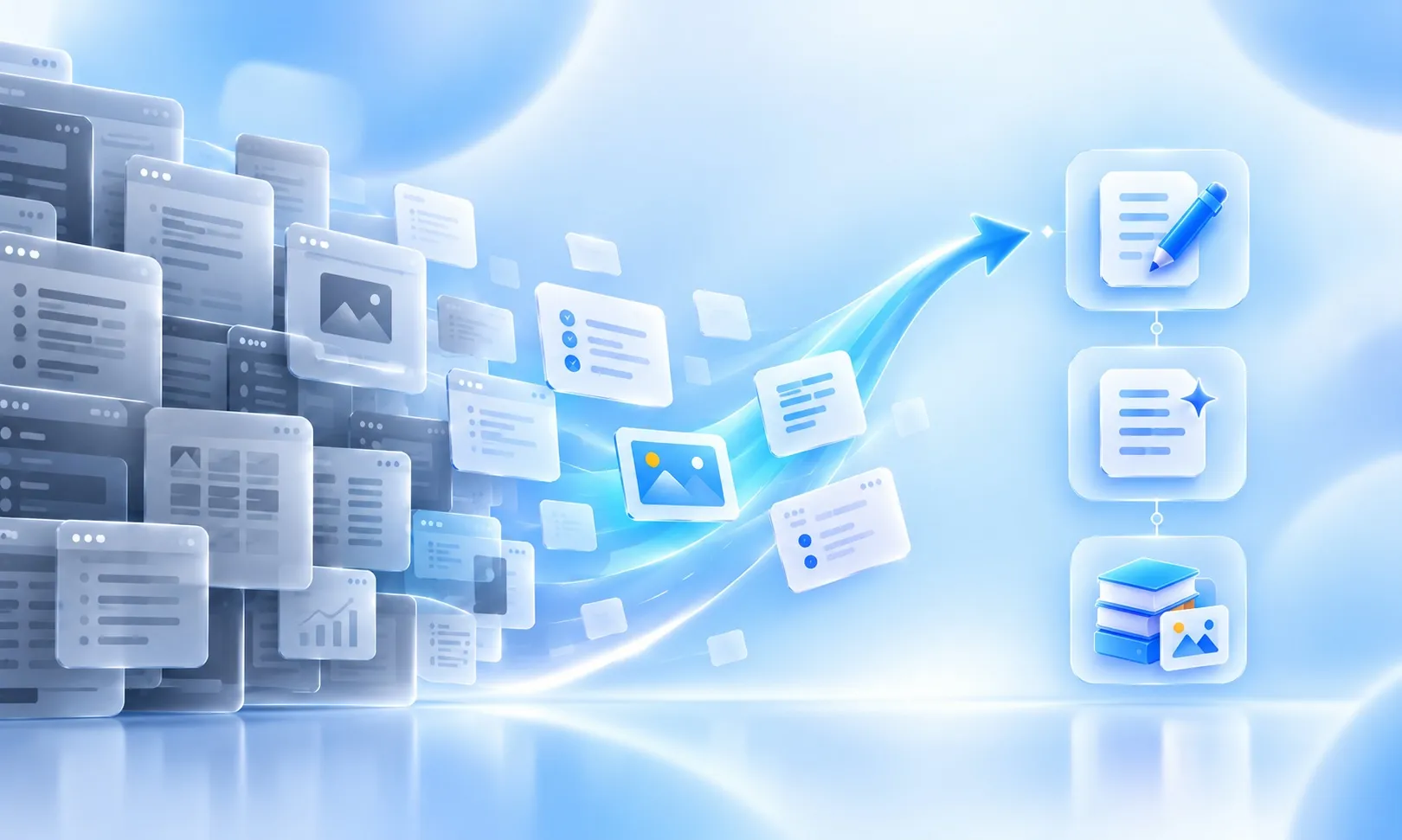 Stacks of grey website screens flow along a blue arrow into three simple steps: write, refine and publish