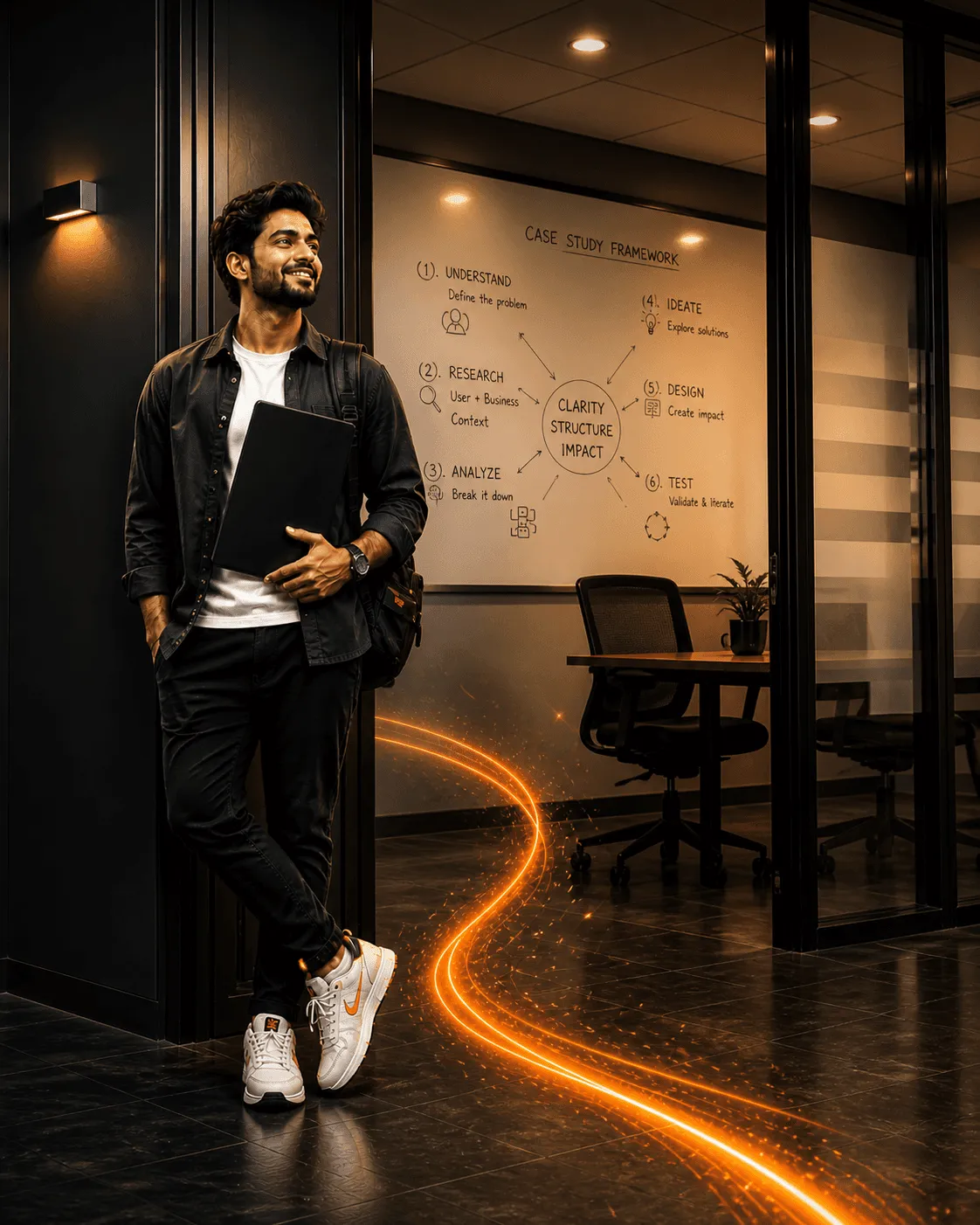 A confident designer leaning in a doorway holding a laptop, with a glowing orange path running across the floor towards him