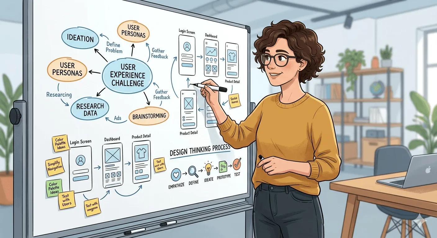 Illustration of a designer at a whiteboard covered in a design thinking map with personas, research, wireframes and brainstorming
