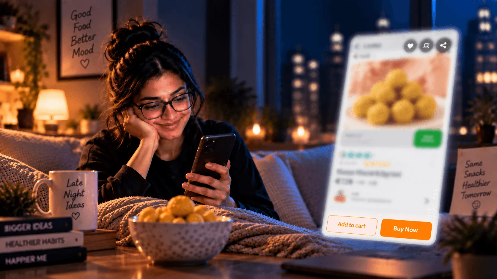 A woman relaxing on a sofa late at night, scrolling a shopping app on her phone, with a snack offer floating beside her