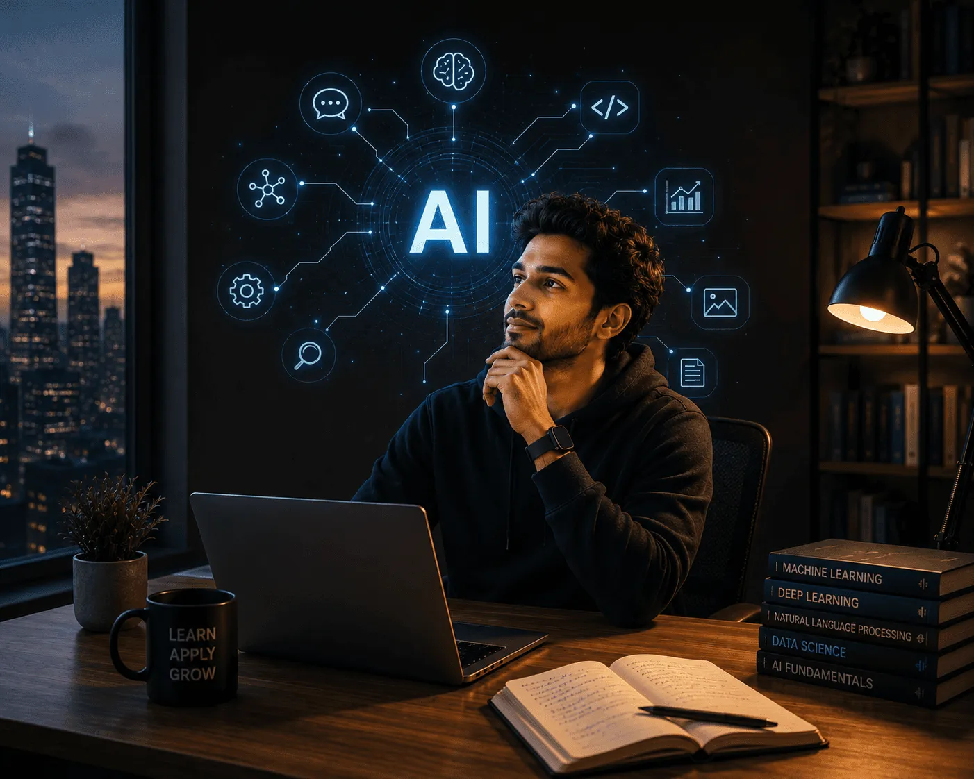 A man at his desk at night looking up at glowing AI icons and terms, with books on machine learning beside him