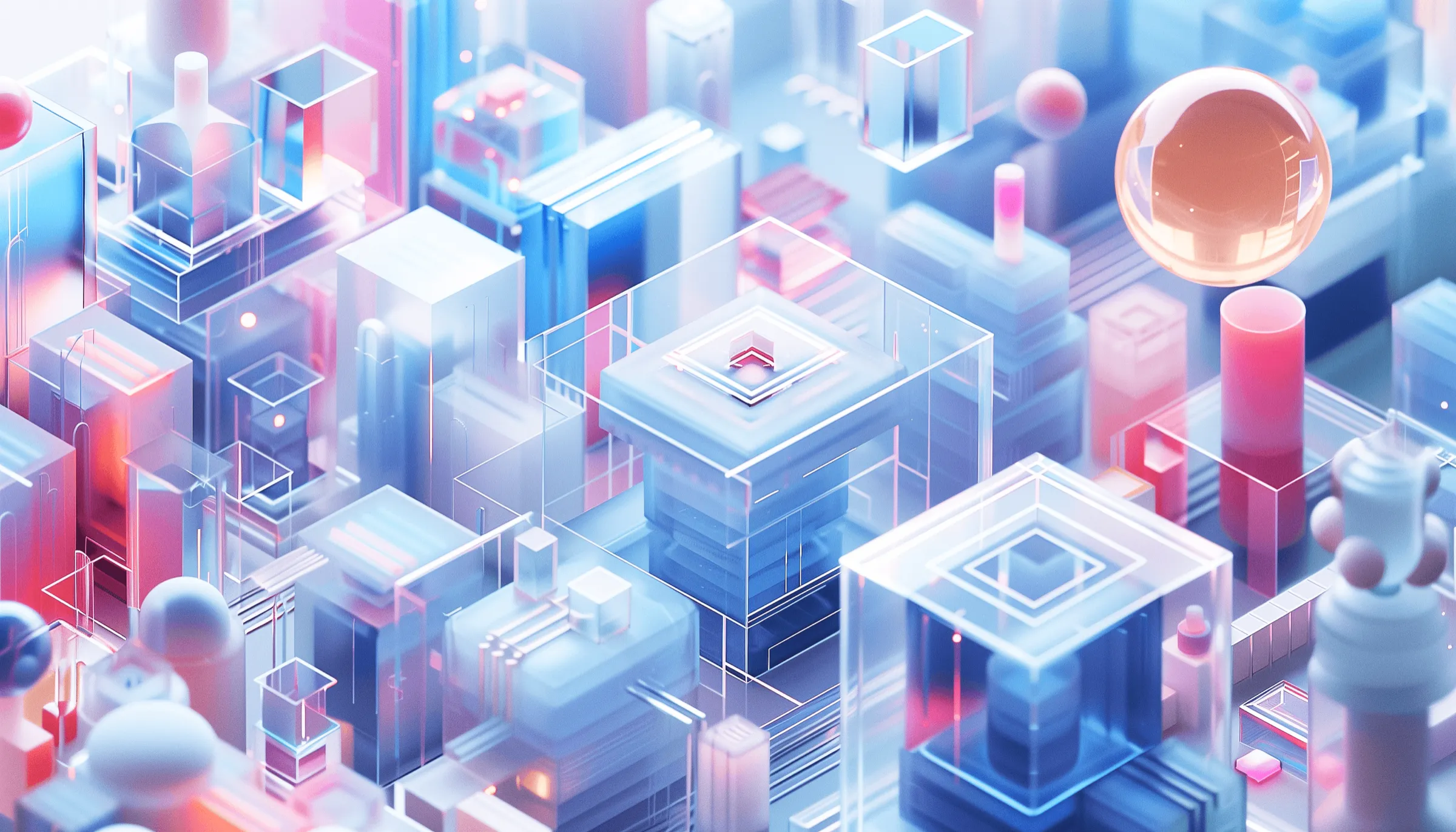 An abstract, colourful landscape of glass cubes and building blocks