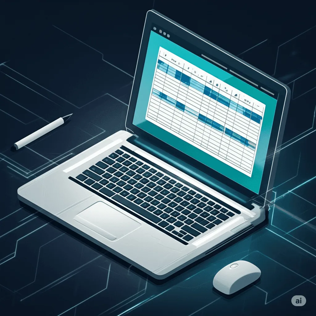 A laptop with a spreadsheet open on screen, on a dark desk with a pen and a mouse