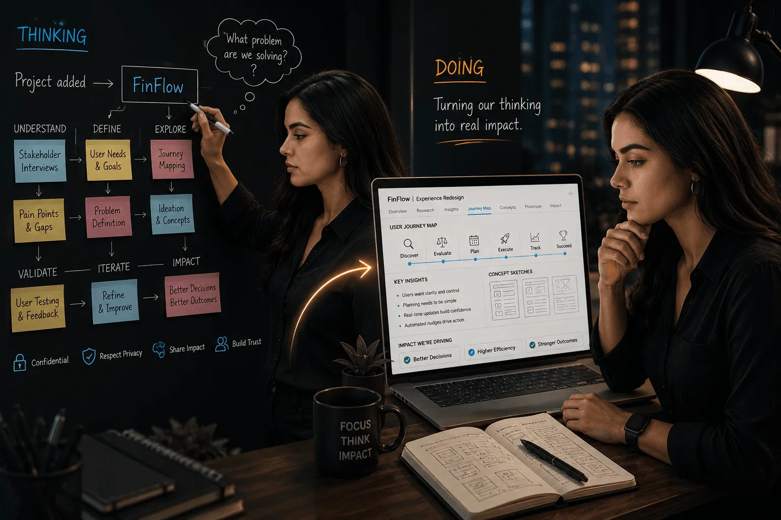 A designer mapping a project on a chalkboard, from understanding the problem to measuring impact, beside a laptop showing the finished case study