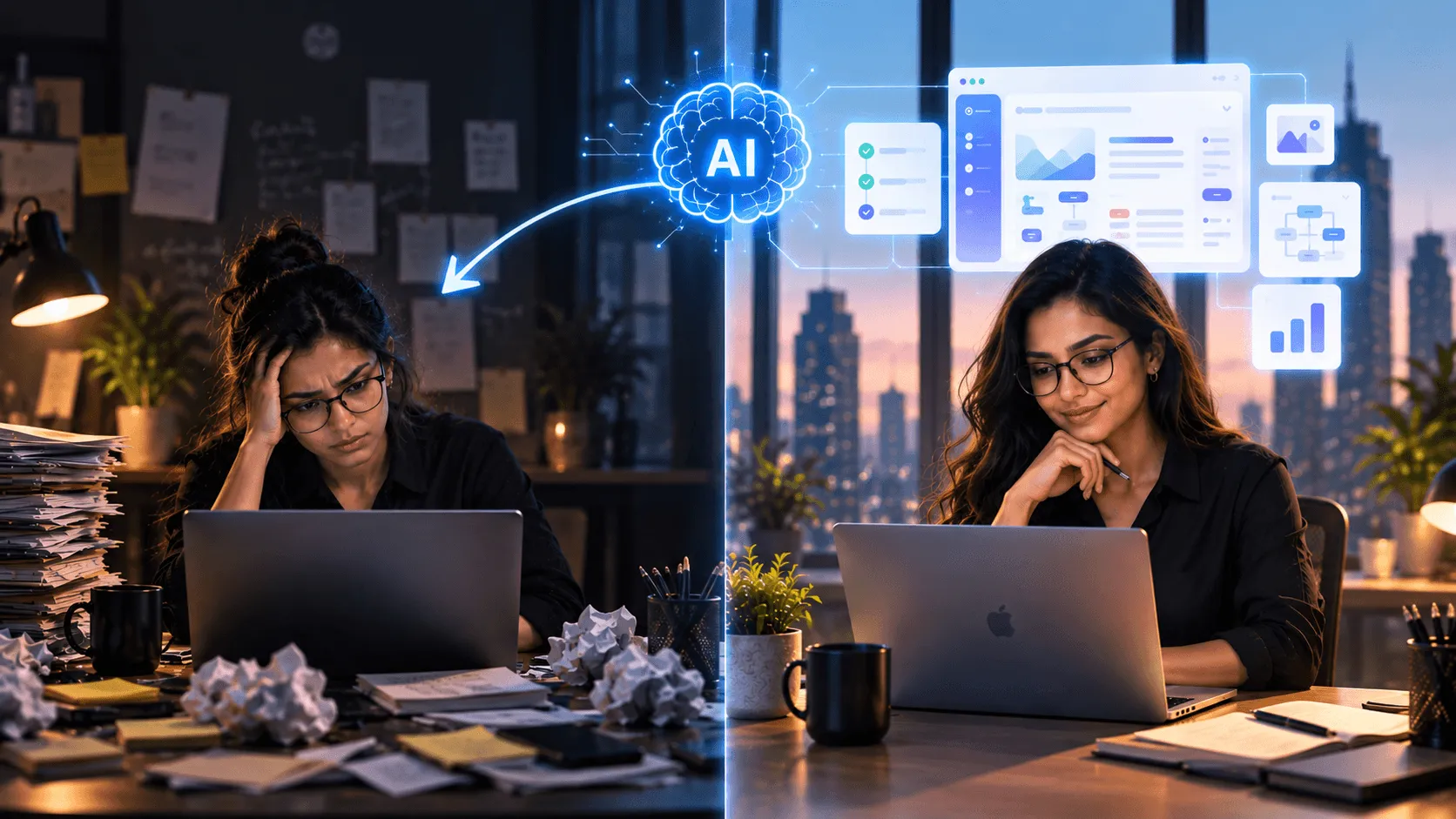 Split image of a designer overwhelmed by paperwork on one side, and calmly working with AI-organised dashboards on the other