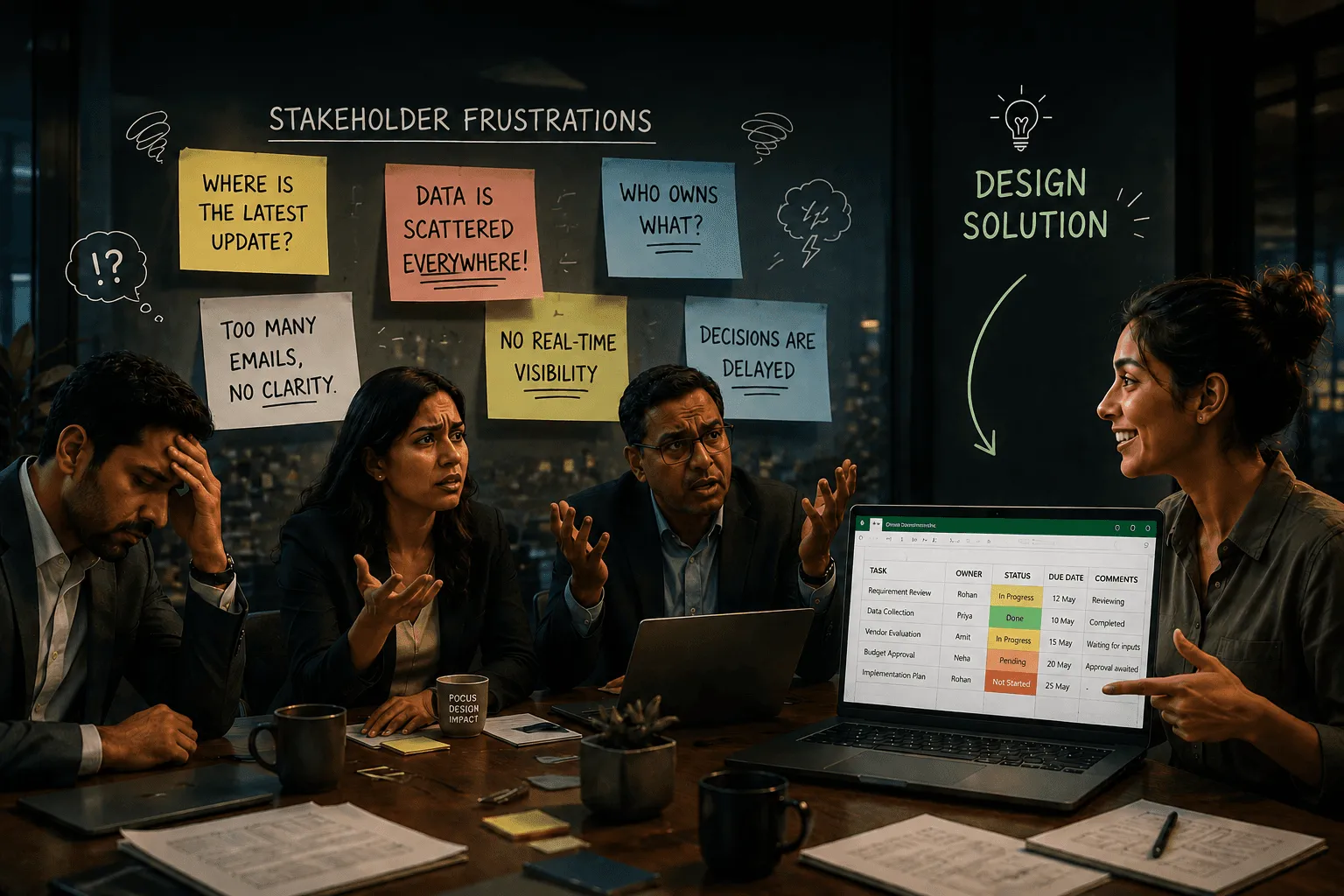 A team meeting under a wall of sticky notes listing stakeholder frustrations, such as "Data is scattered everywhere", while one person presents a spreadsheet