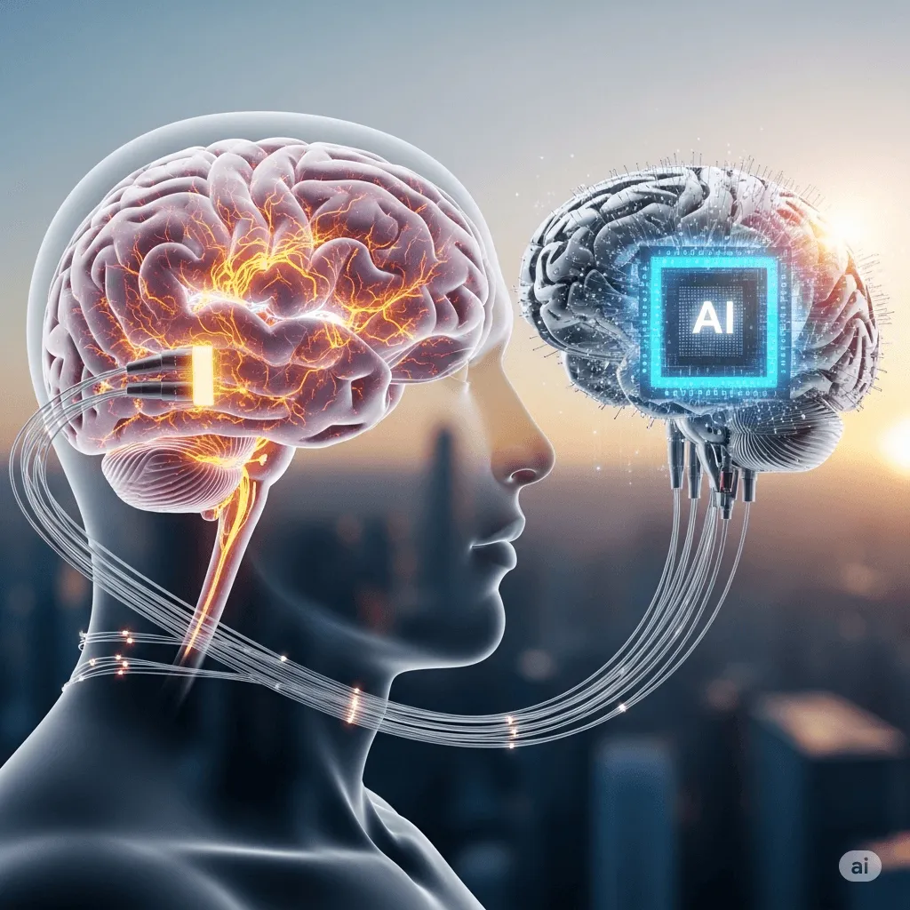 A human brain connected by glowing wires to a second brain with an AI chip at its centre