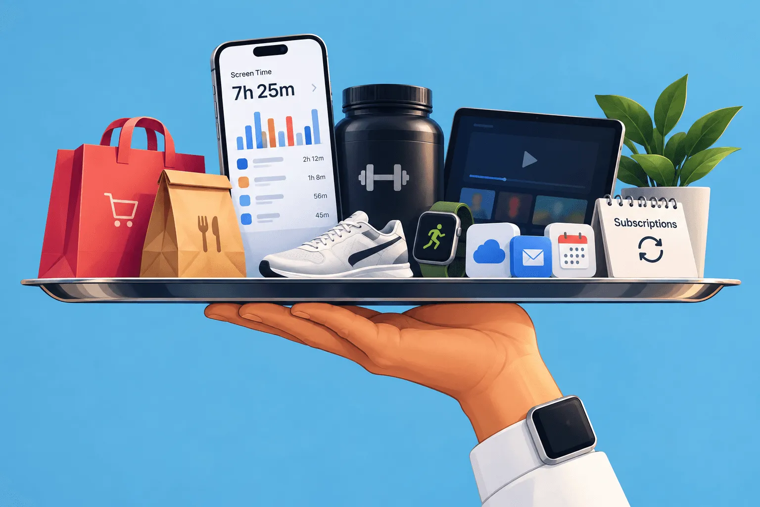 A hand holding a tray piled with shopping bags, a phone showing screen time, a smartwatch, trainers and subscription apps