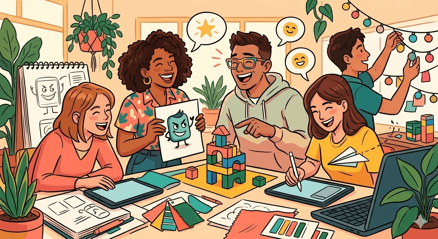 Illustration of a cheerful design team sketching characters and building colourful block models around a shared table