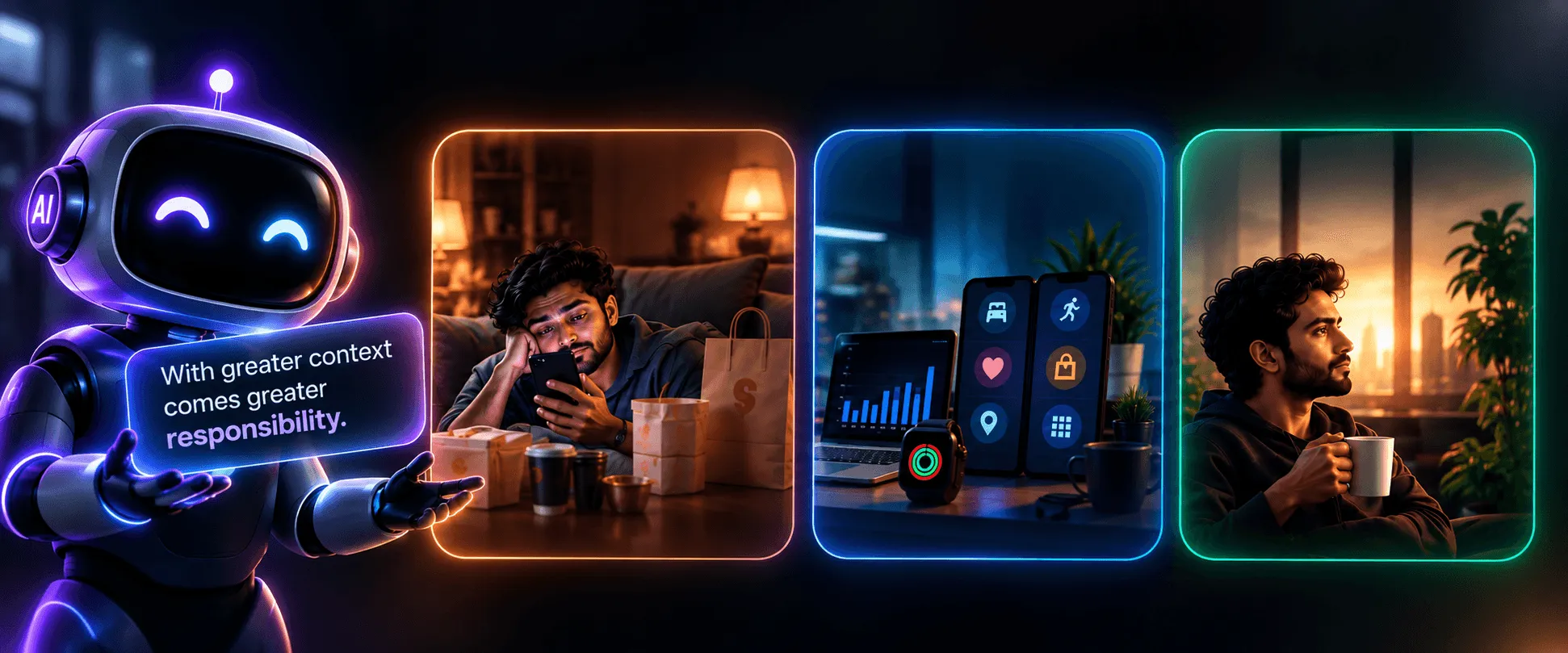 A friendly AI robot beside panels of a man at different moments of his day, with the caption "With greater context comes greater responsibility"