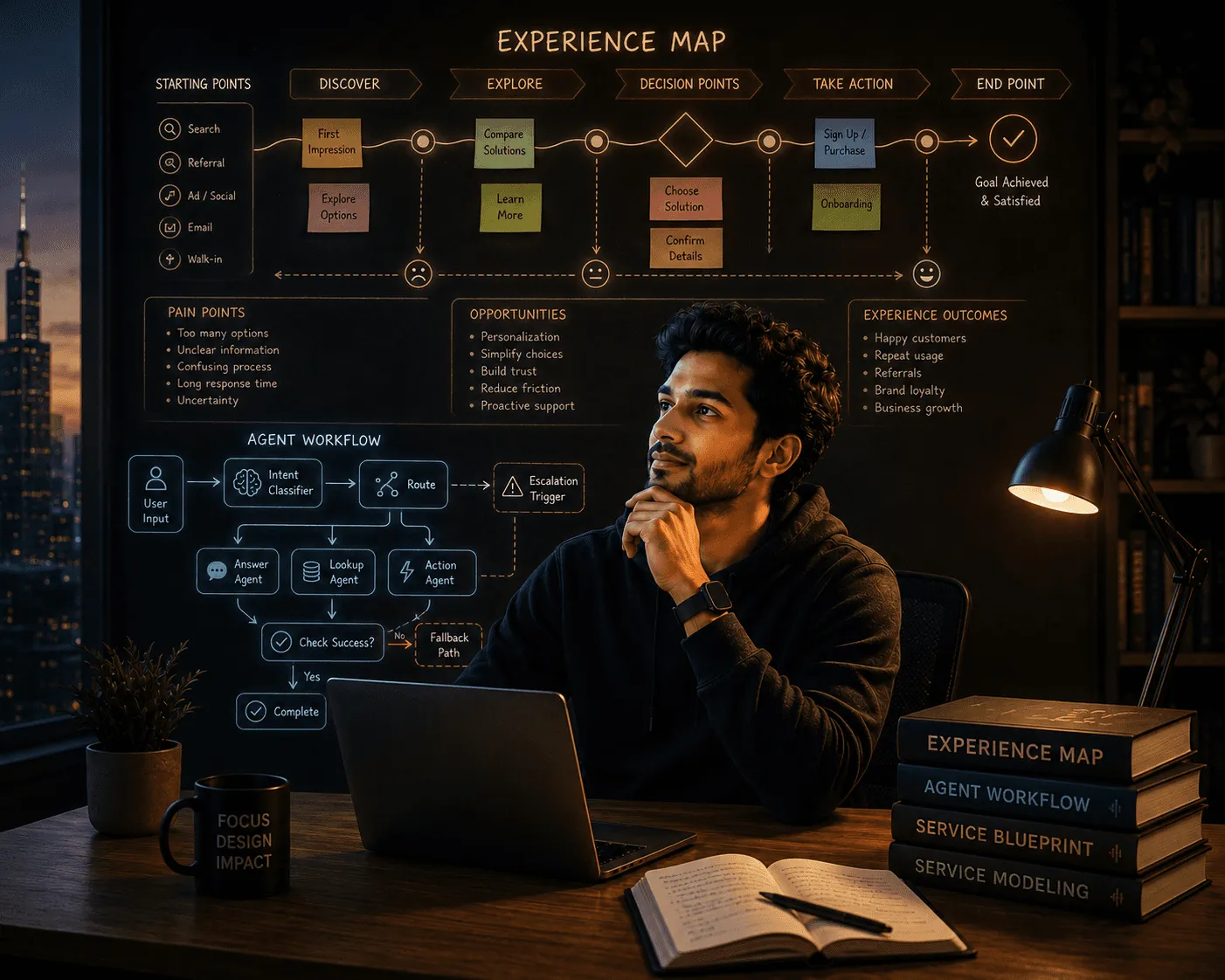 A designer thinking at his desk at night, in front of a chalkboard experience map covering discovery, decision points and an AI agent workflow
