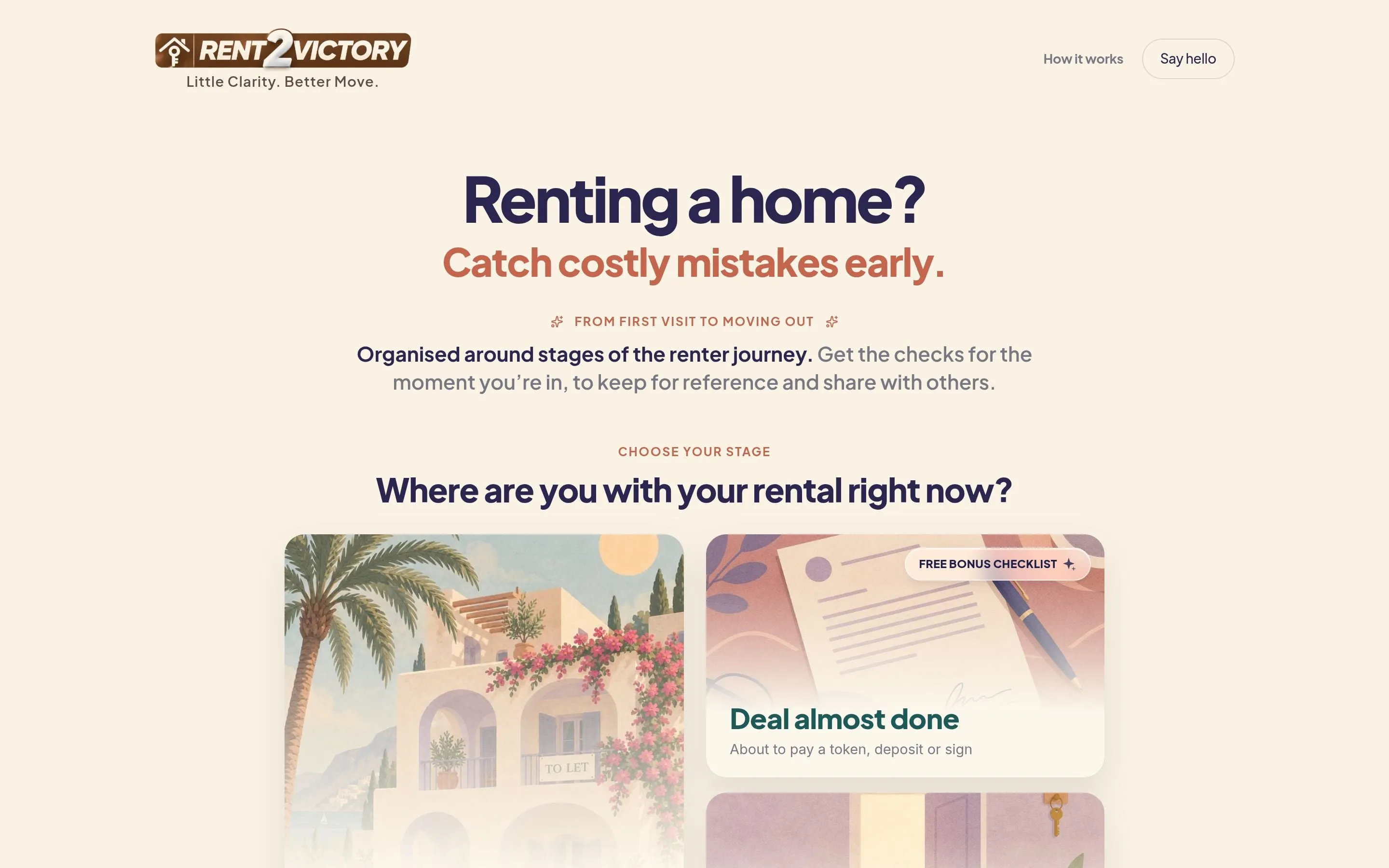 The Rent2Victory home page: Renting a home? Catch costly mistakes early, with cards for Exploring, Deal almost done and Planning move out