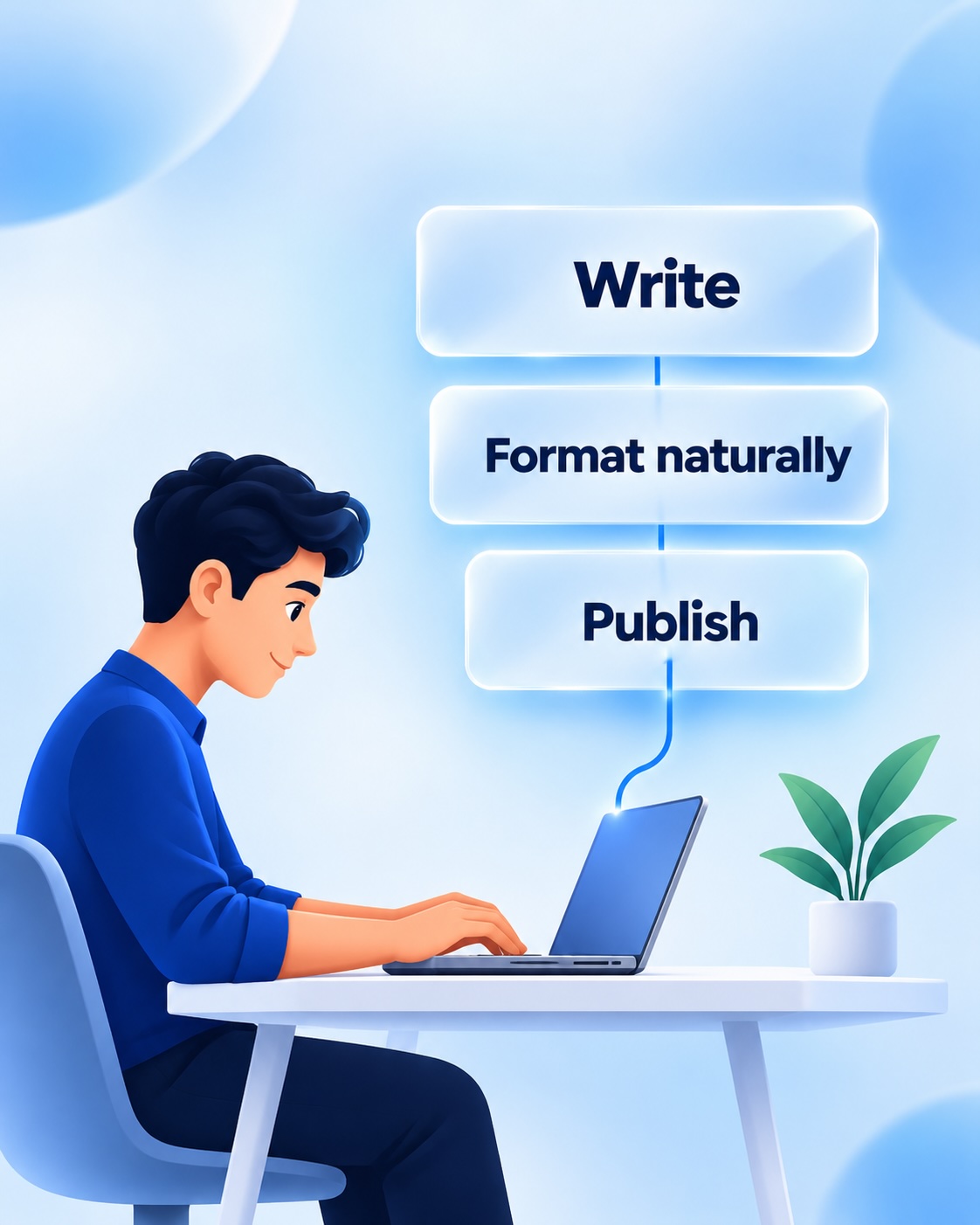 A person typing on a laptop, linked to three glass steps above: Write, Format naturally, Publish