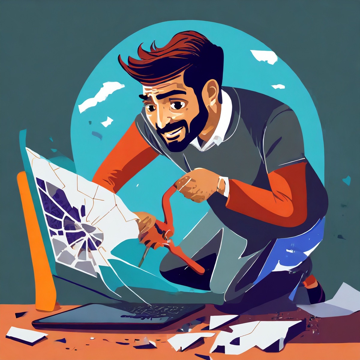 Illustration of a bearded designer leaning forward, sketching on a large sheet